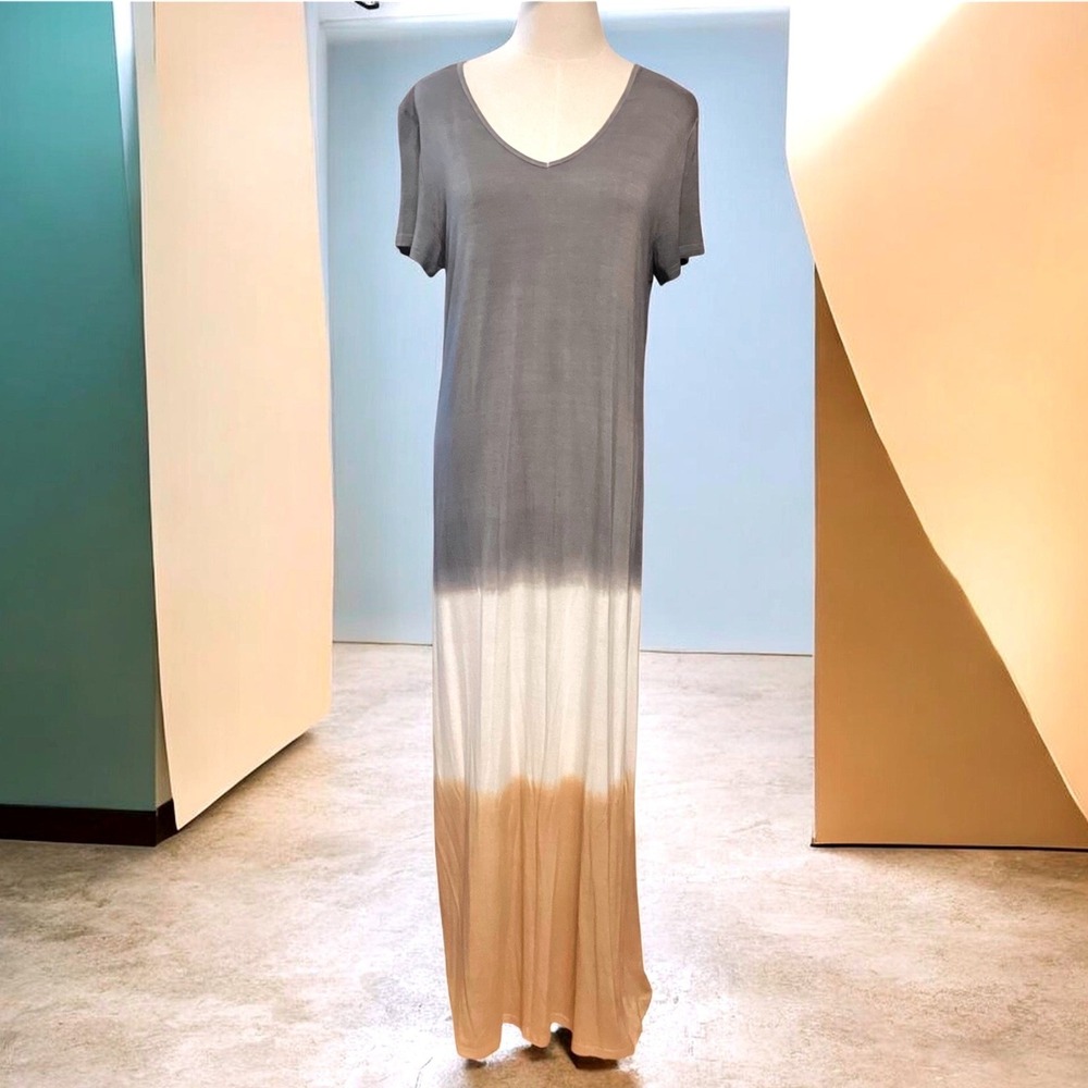 Misslook Women Grey White Tan Color Block V-Neck Short Sleeve Maxi Dress Medium